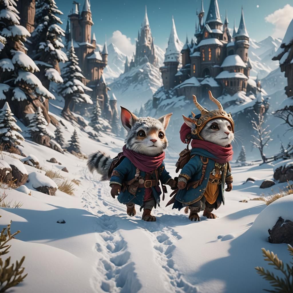 Cute Creatures' Snowy Journey: Fantasy Concept Art