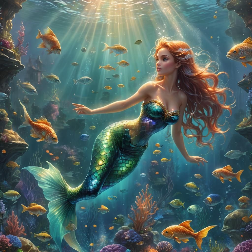 Underwater Mermaid in Glowing Glass Structure