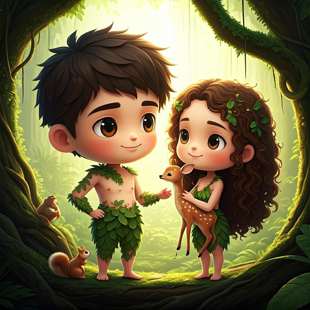 Chibi Adam and Eve in Lush Rainforest