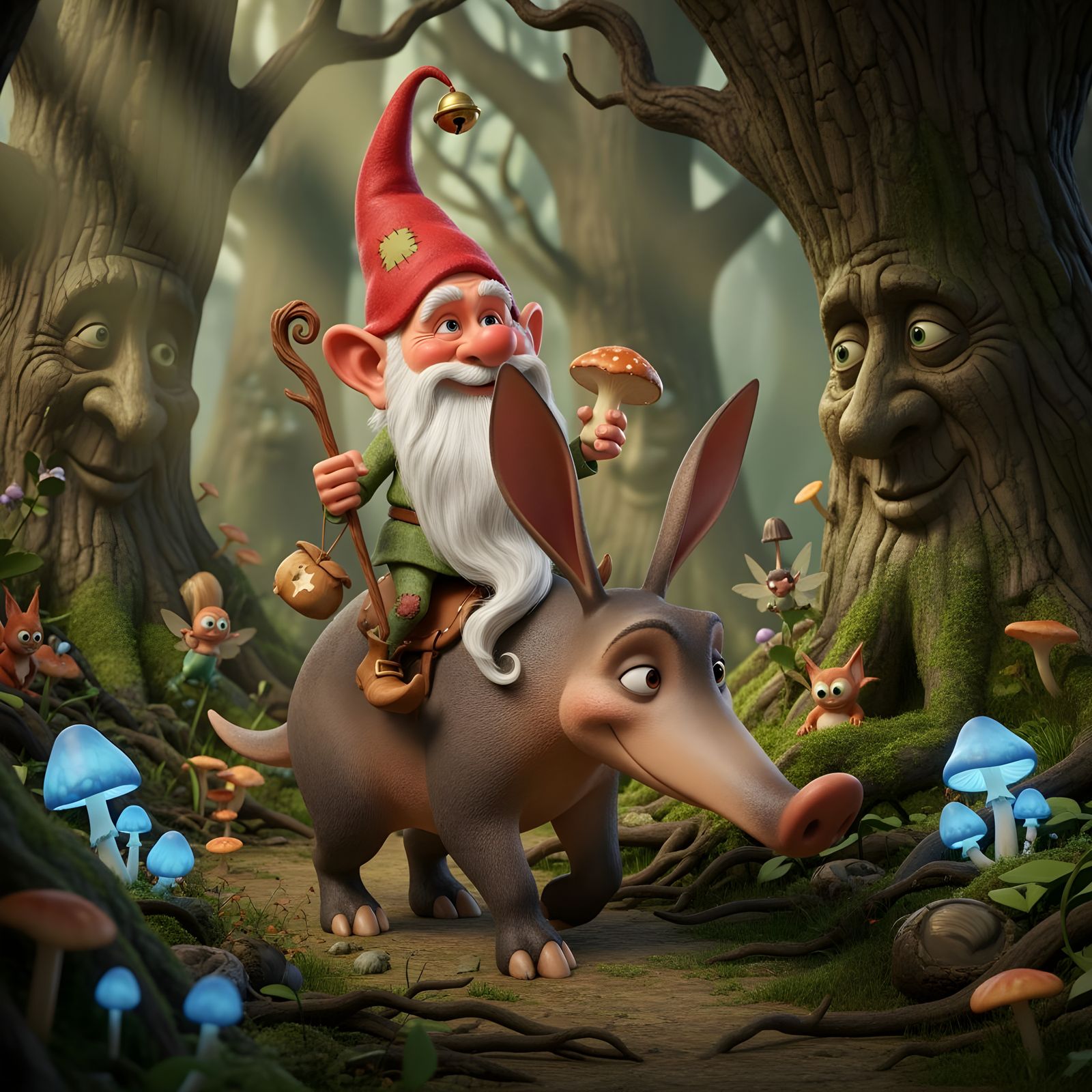 Gnome Rides Aardvark: Whimsical 3D Caricature