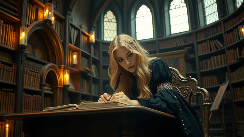 Gothic Library with Woman Writing by Candlelight