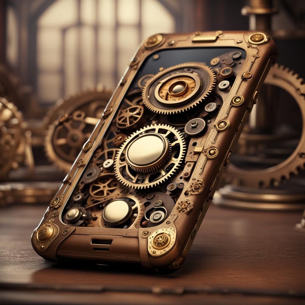 Steampunk Smartphone with Brass Gears and Leather