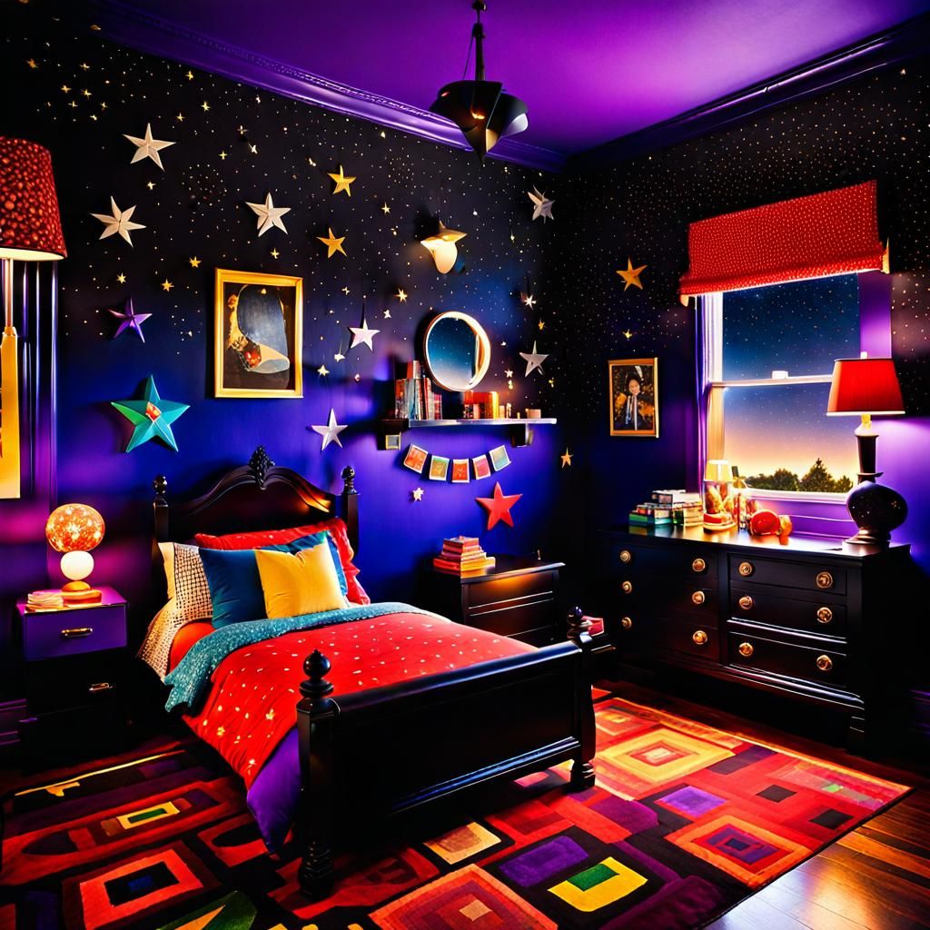 Moody Kid's Bedroom with Starry Walls in Art Deco Style