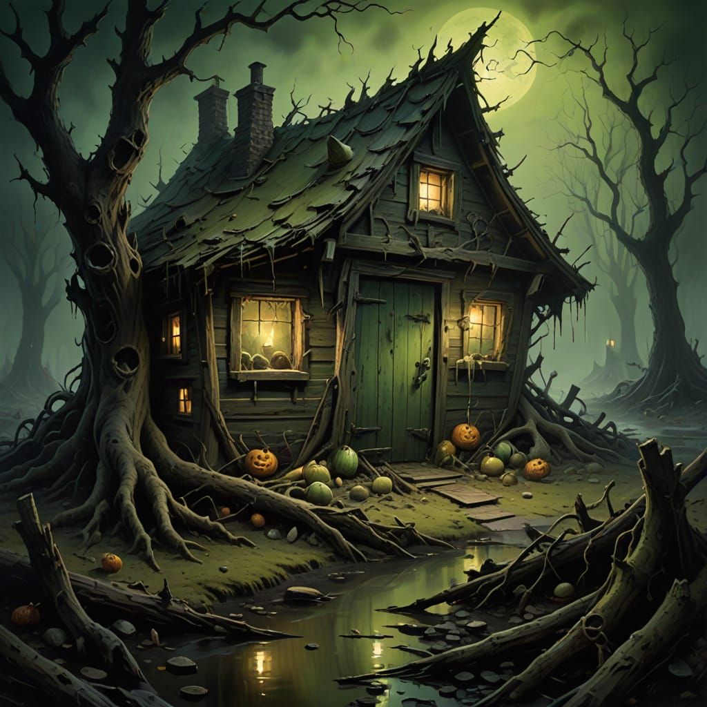 A Witch's Haunted Hovel in a Twisted, Eerie Green Glow