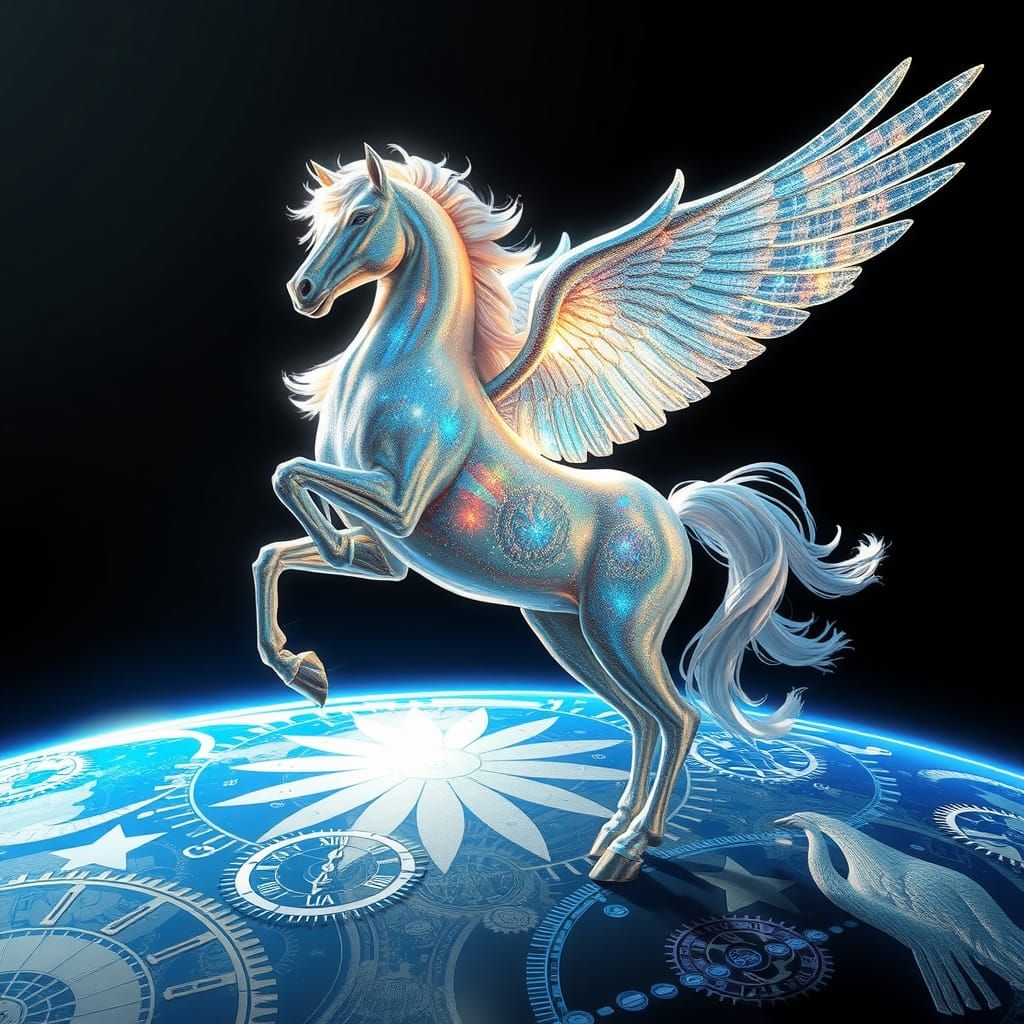 A resplendent Pegasus, clad in a lustrous coat with intricat...