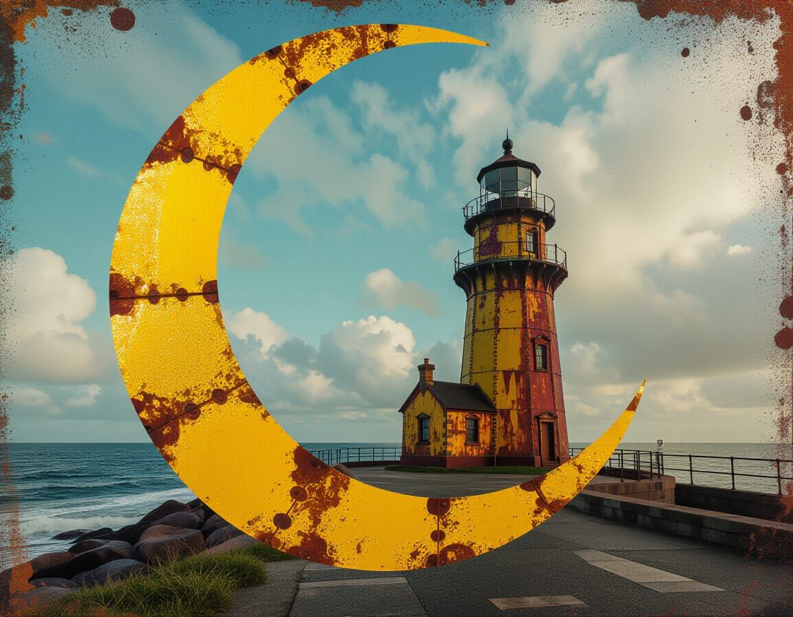 Steampunk Lighthouse and Moon in Double Exposure Style