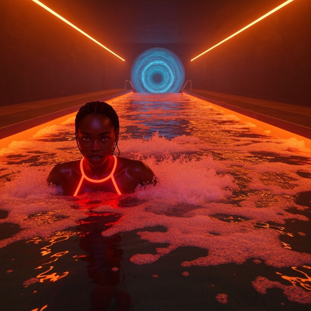 Woman in Pool at Night in Synthwave Style