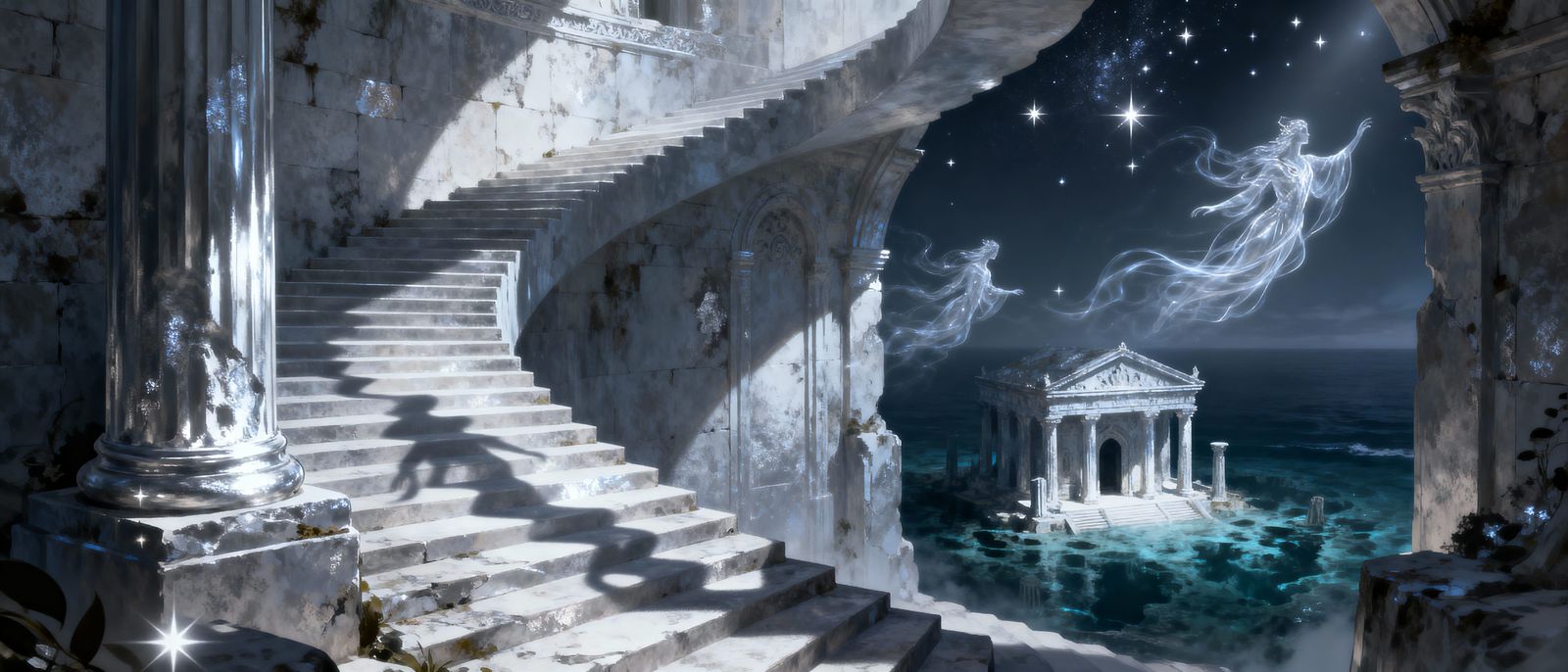 Silver Shadows Ascend Sacred Stairways Under Starlight