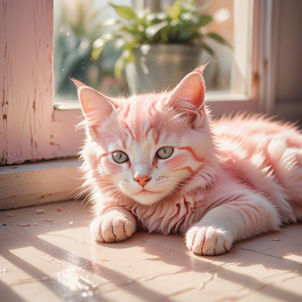 Sweet Pink Kitten Sleeping: Whimsical Watercolor Art