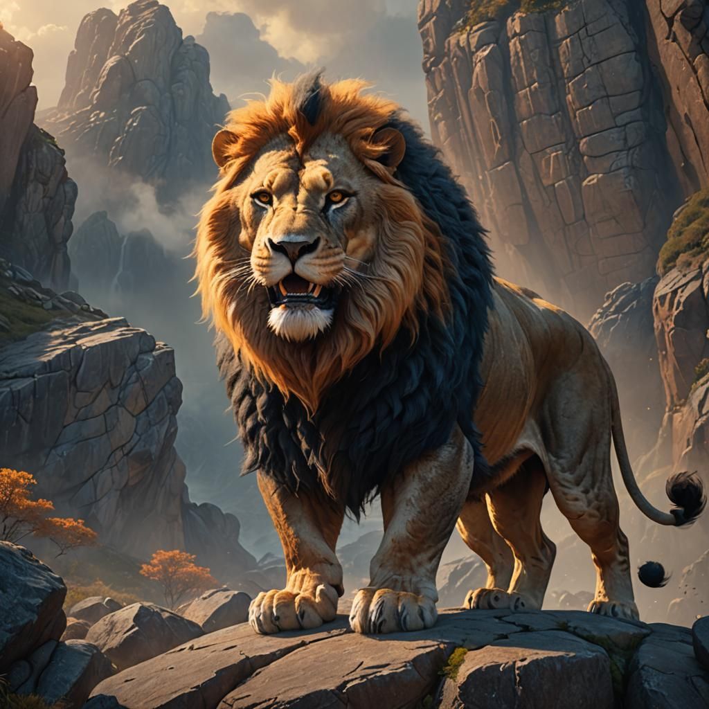 A huge lion standing on a cliff, head up and mouth open roar...