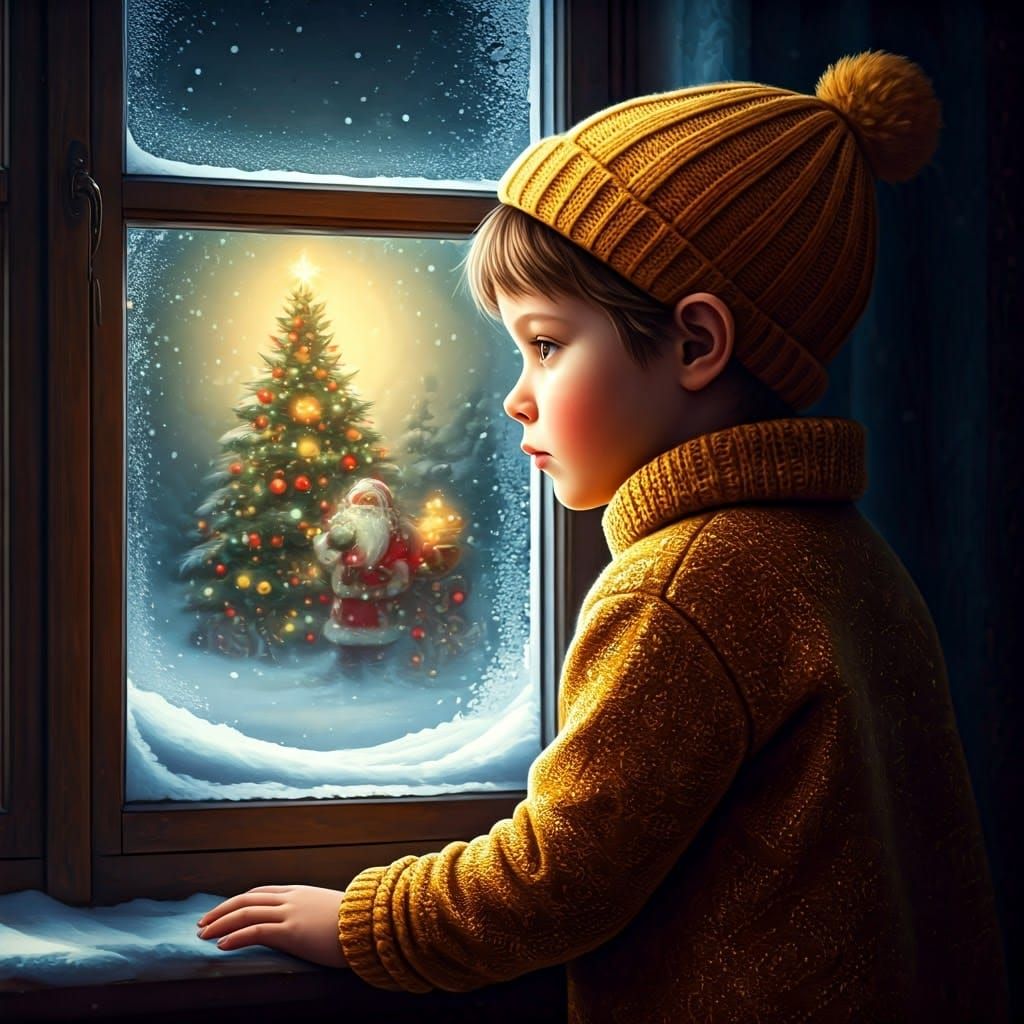 A Young Child's Wistful Gaze into a Winter Wonderland Scene