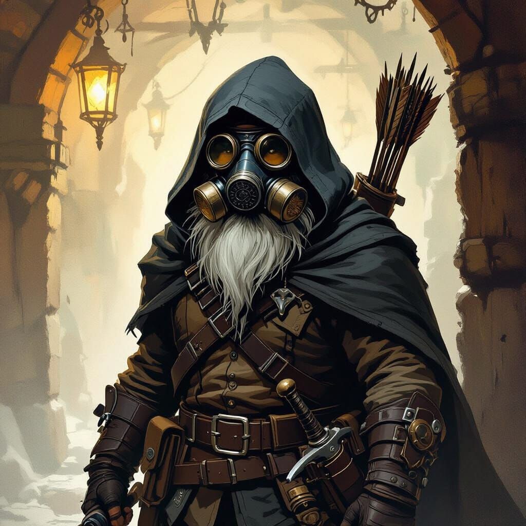 Gnome Adventurer in Hooded Cloak with Gas Mask and Crossbow