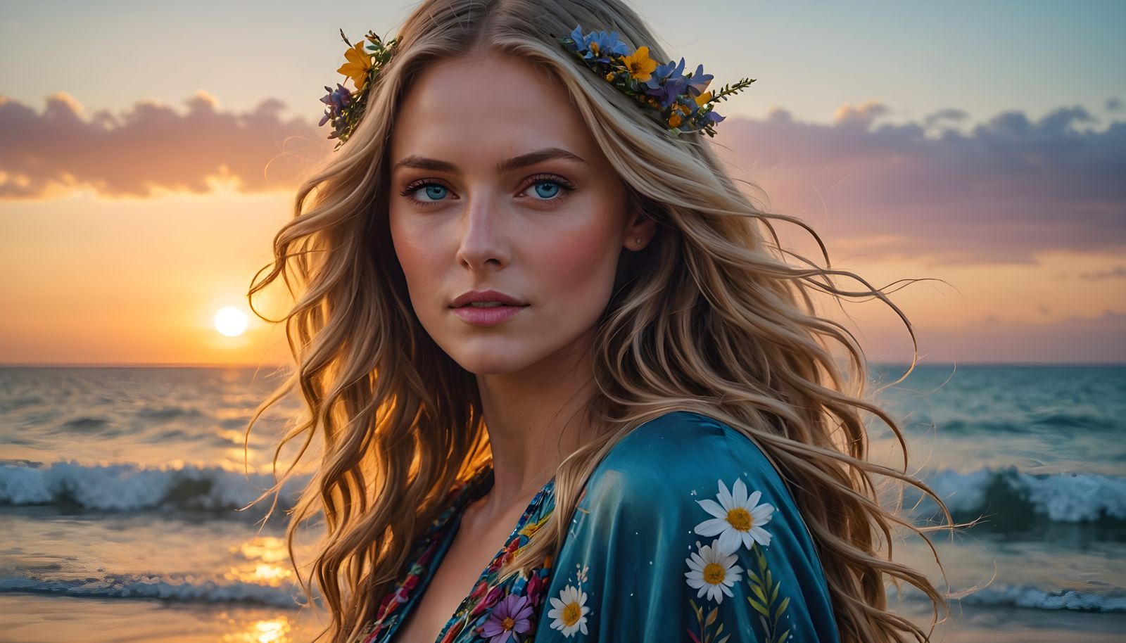 Ethereal Beauty in Hyperrealistic Sunset Splash Art