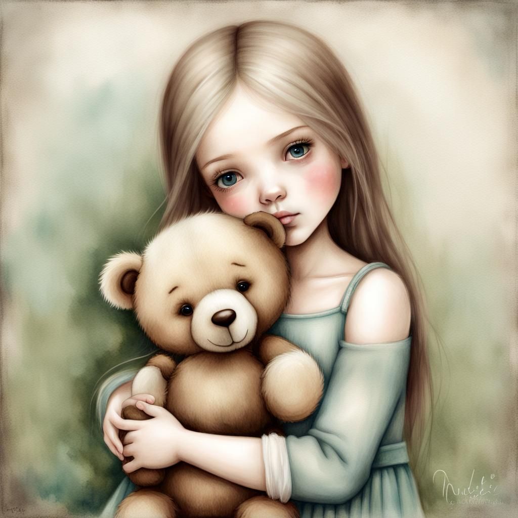 Girl and Teddy Bear in Watercolor Illustration