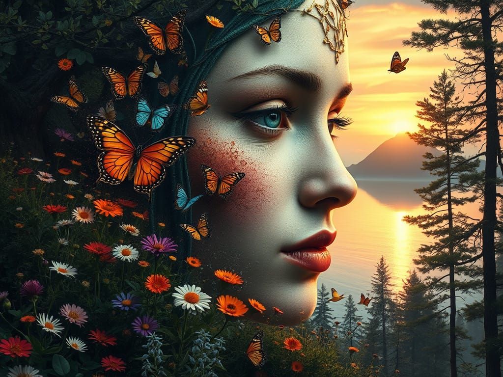 Surreal Portrait of a Woman in a Whimsical Landscape
