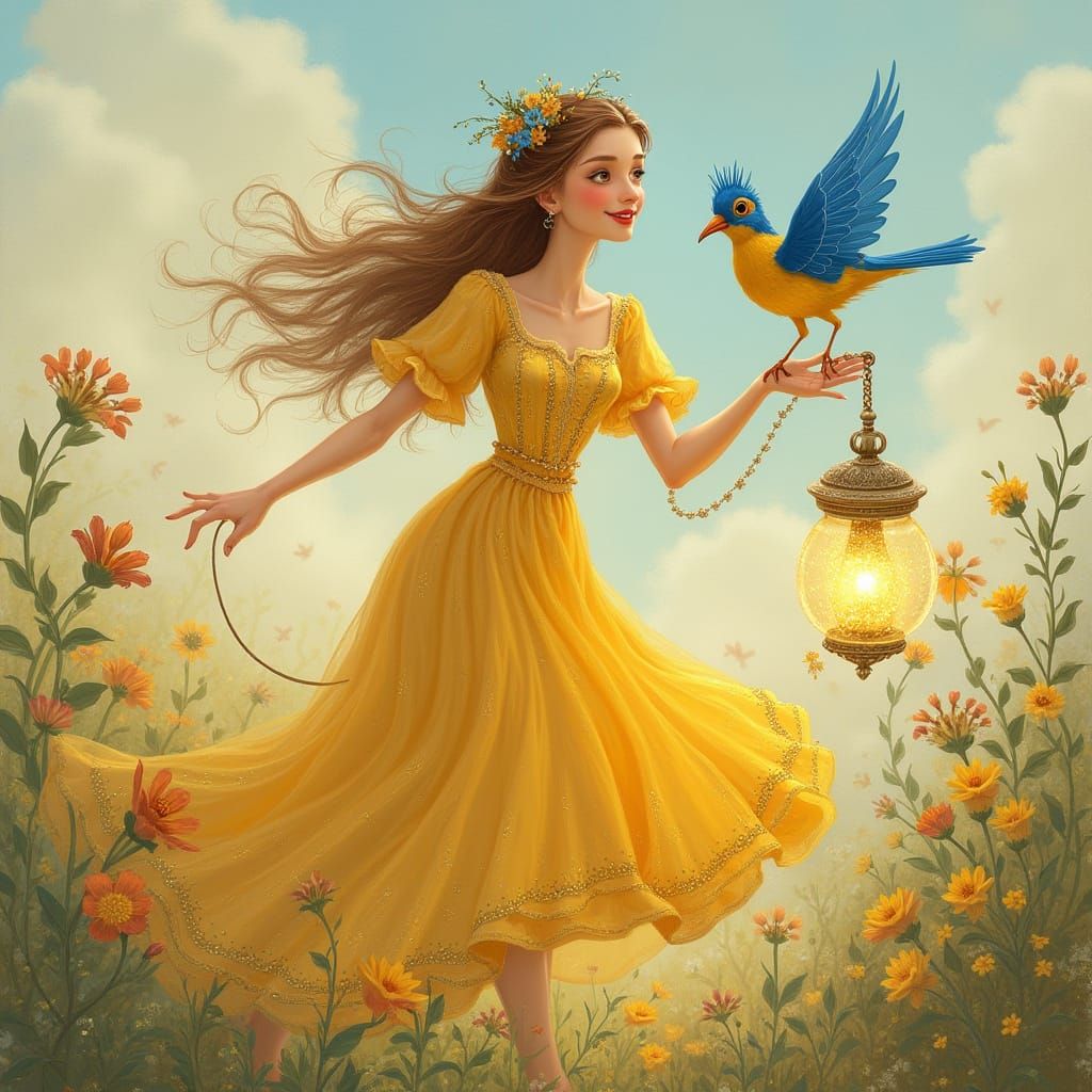 Elegant Woman with Lantern in Dreamy Floral Setting