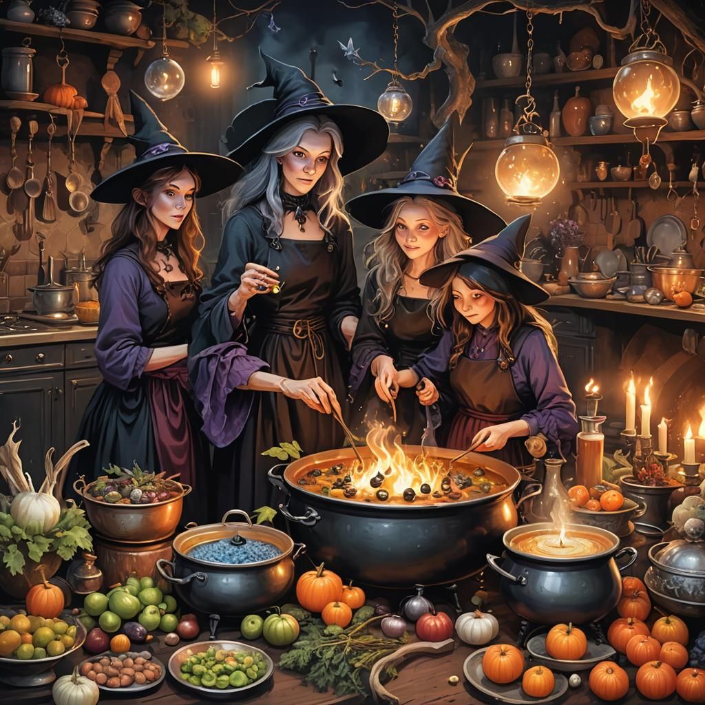 Mystical Kitchen Witches in a French Provincial Scene