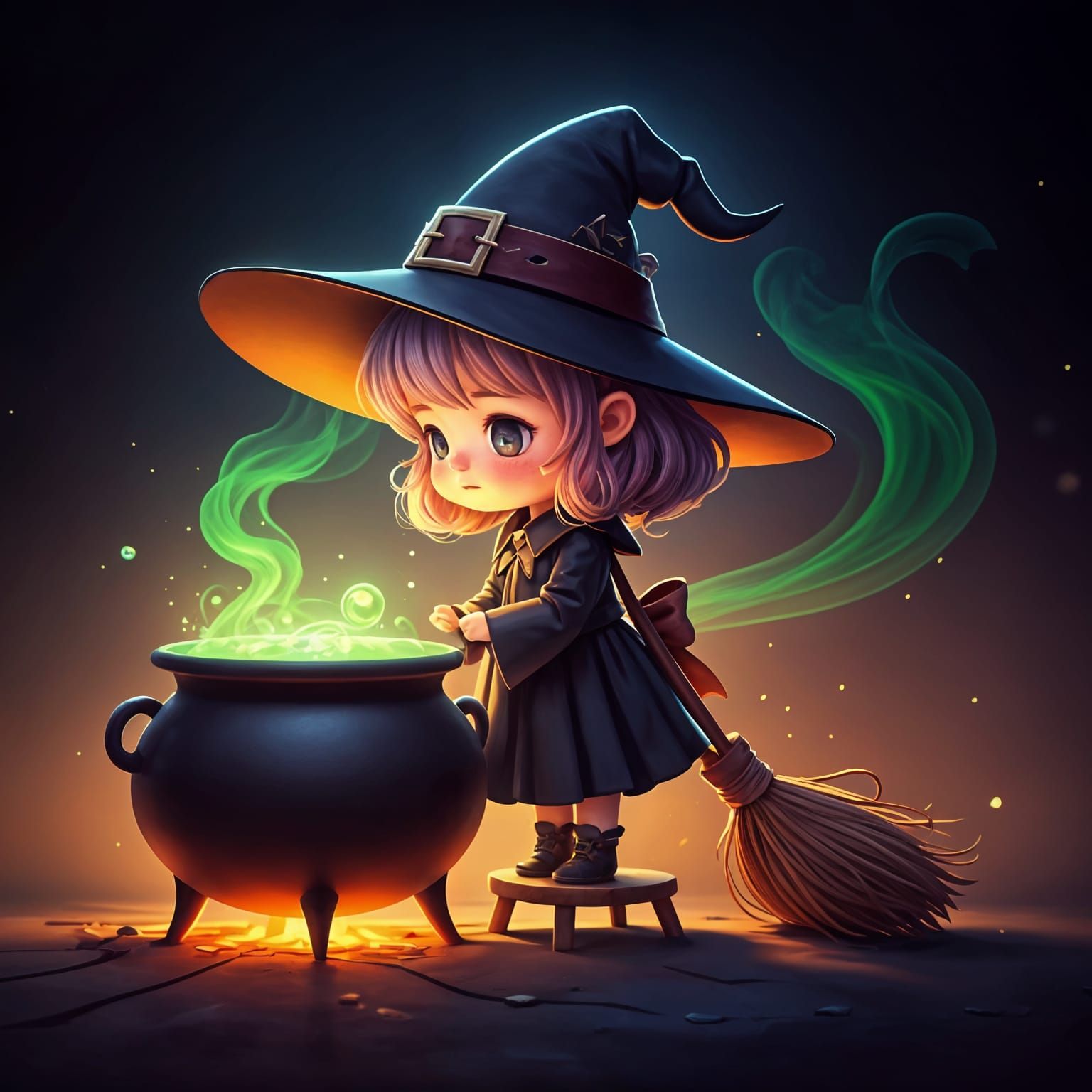 Chibi Baby Witch Brews Potion, Anime Art