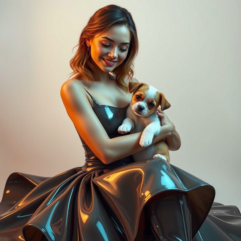 Stunning Woman in Futuristic Latex Gown with Puppy