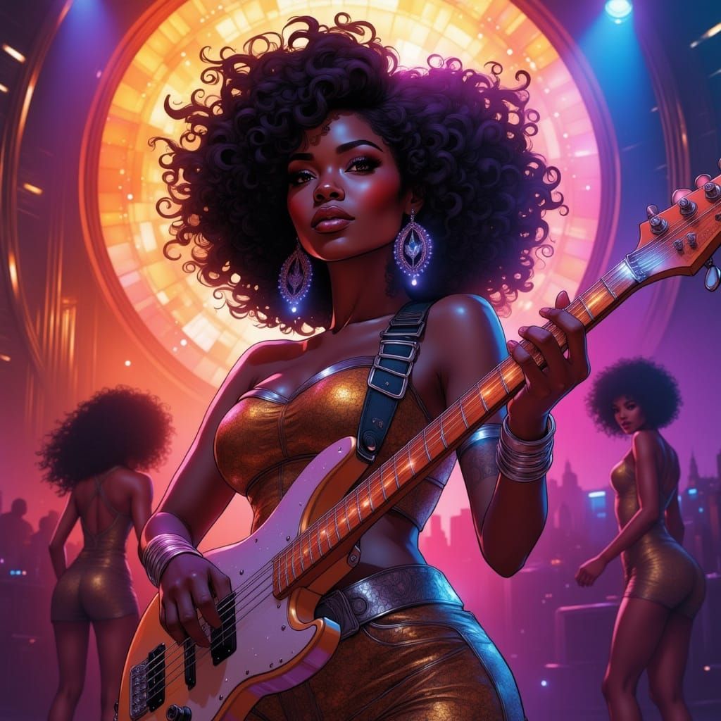 Afro-Latina Bass Player on Stage in Vibrant Style