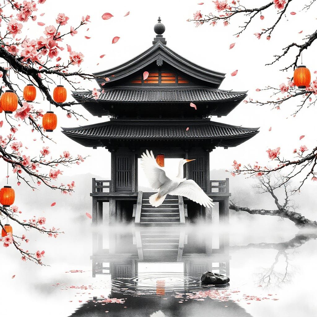 Serene Japanese Pagoda in Spring Mist with Crane
