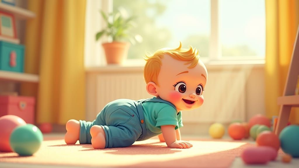 Cartoon Baby Boy in Colorful Playroom