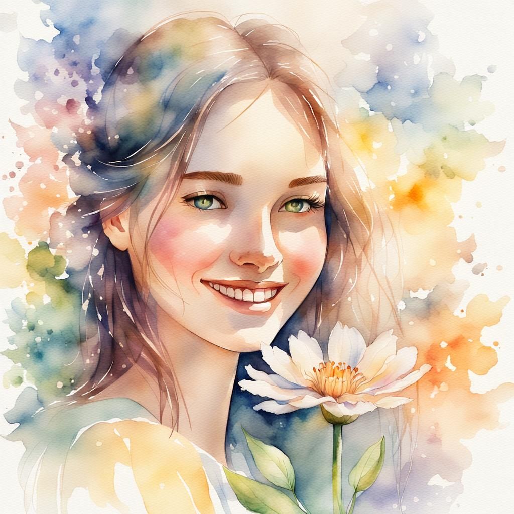 Whimsical Watercolor Portrait of a Girl with Flower