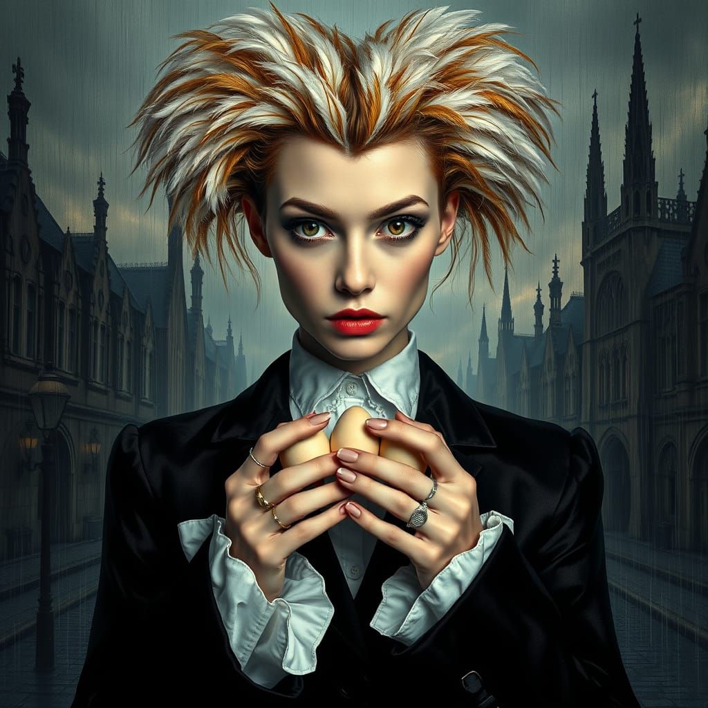 Avant-Garde Woman with Chicken Feather Hair in Victorian Got...