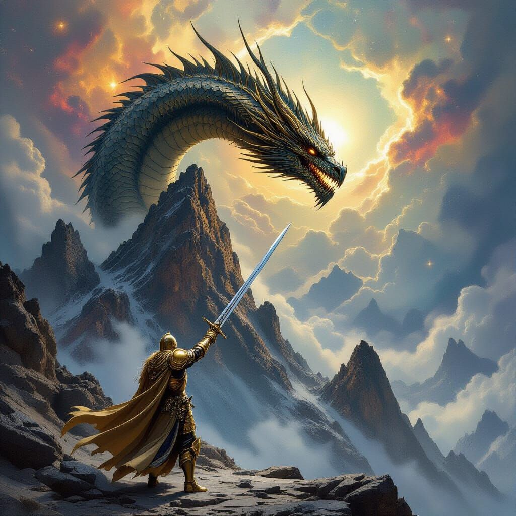 Knight Confronts Dragon Amidst Cosmic Tempest