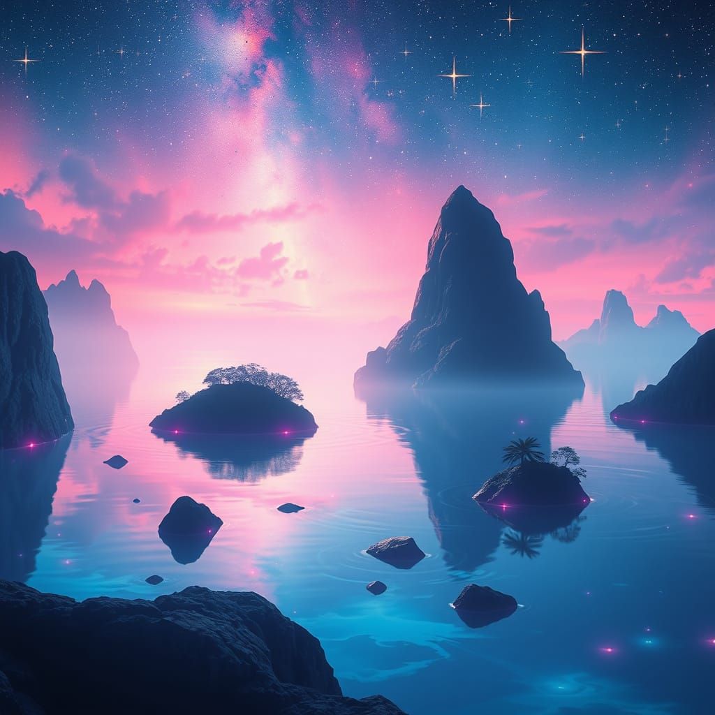 Floating Islands Among Stars with Ethereal Glow