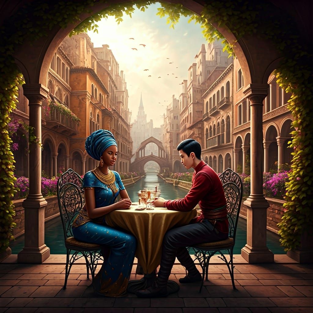 African Woman and Thai Man in Renaissance Garden