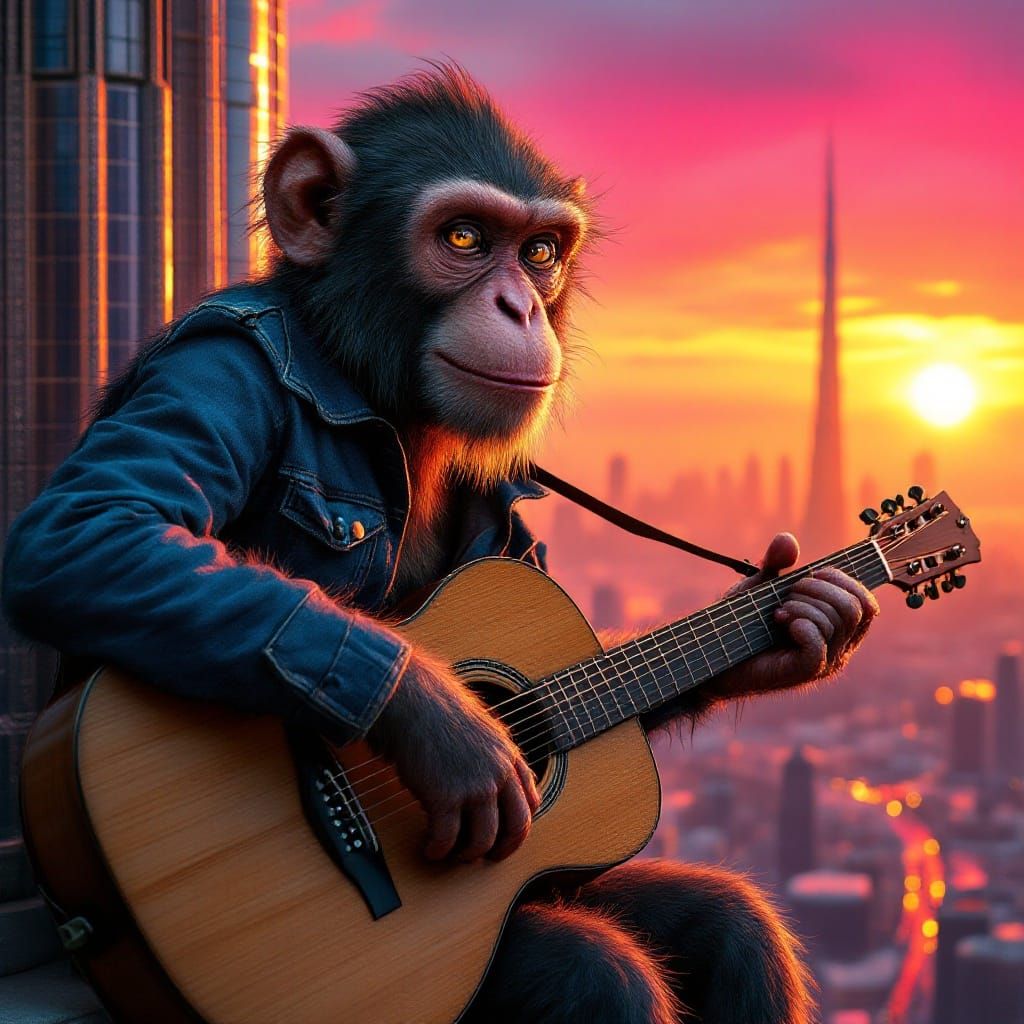 Hyperrealistic Monkey Guitarist on Burj Khalifa