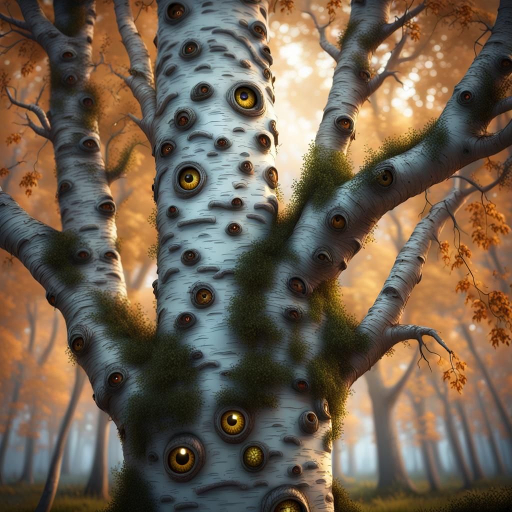 Birch Tree Covered in Eyes: Detailed Matte Painting