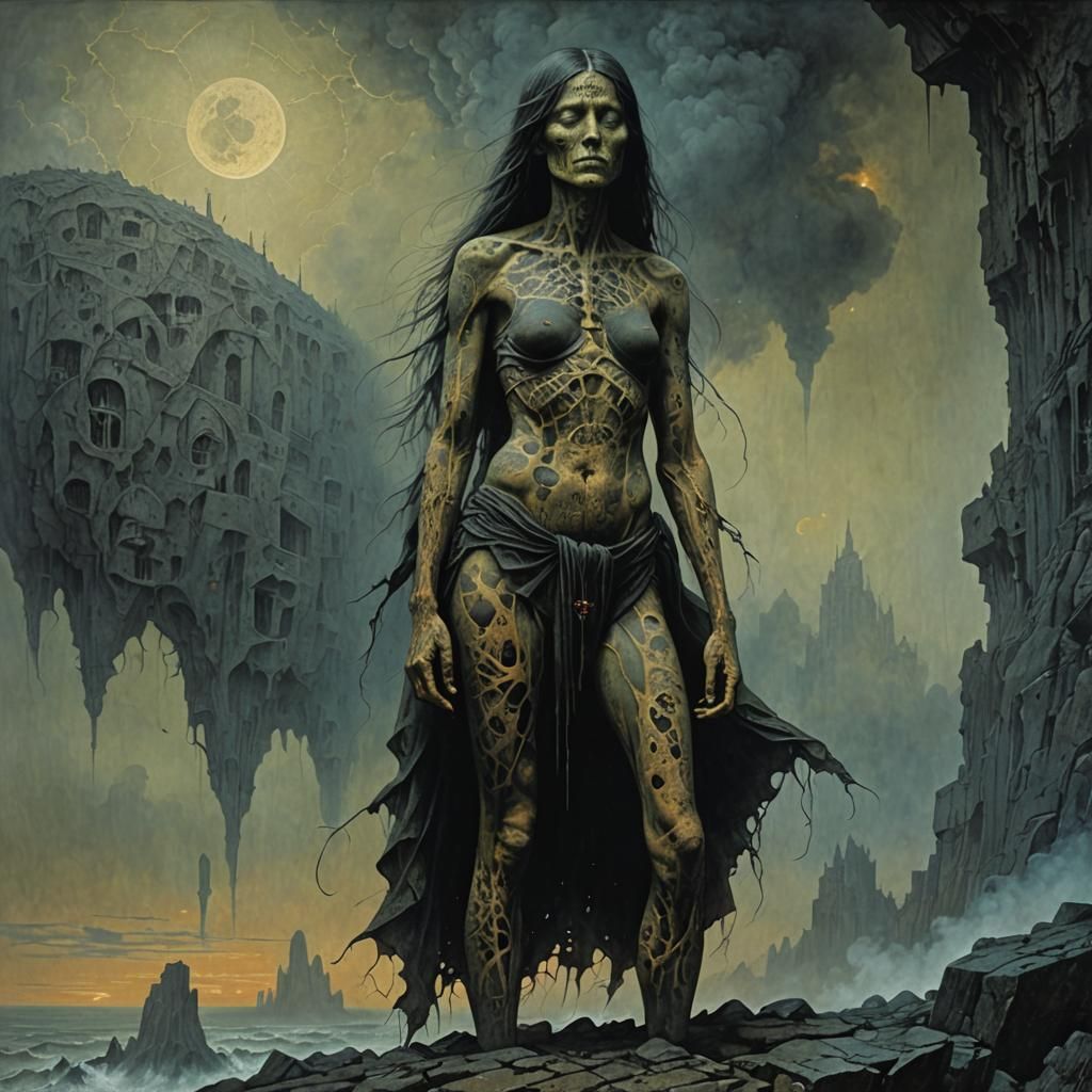 Surreal Tattooed Woman in Beksiński Style