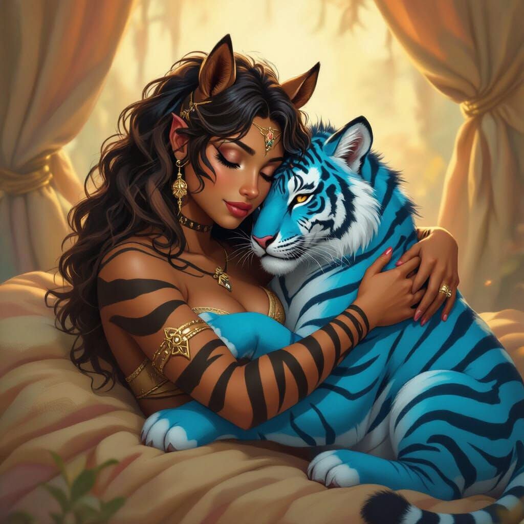 Fantasy Creature: Zebra-Horse Woman Hugs Blue Tiger Man