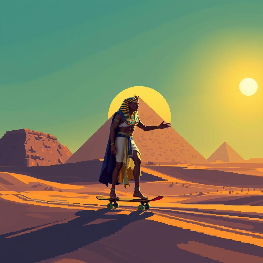 Pharaoh Skateboarding in Desert: Pixel Art Style