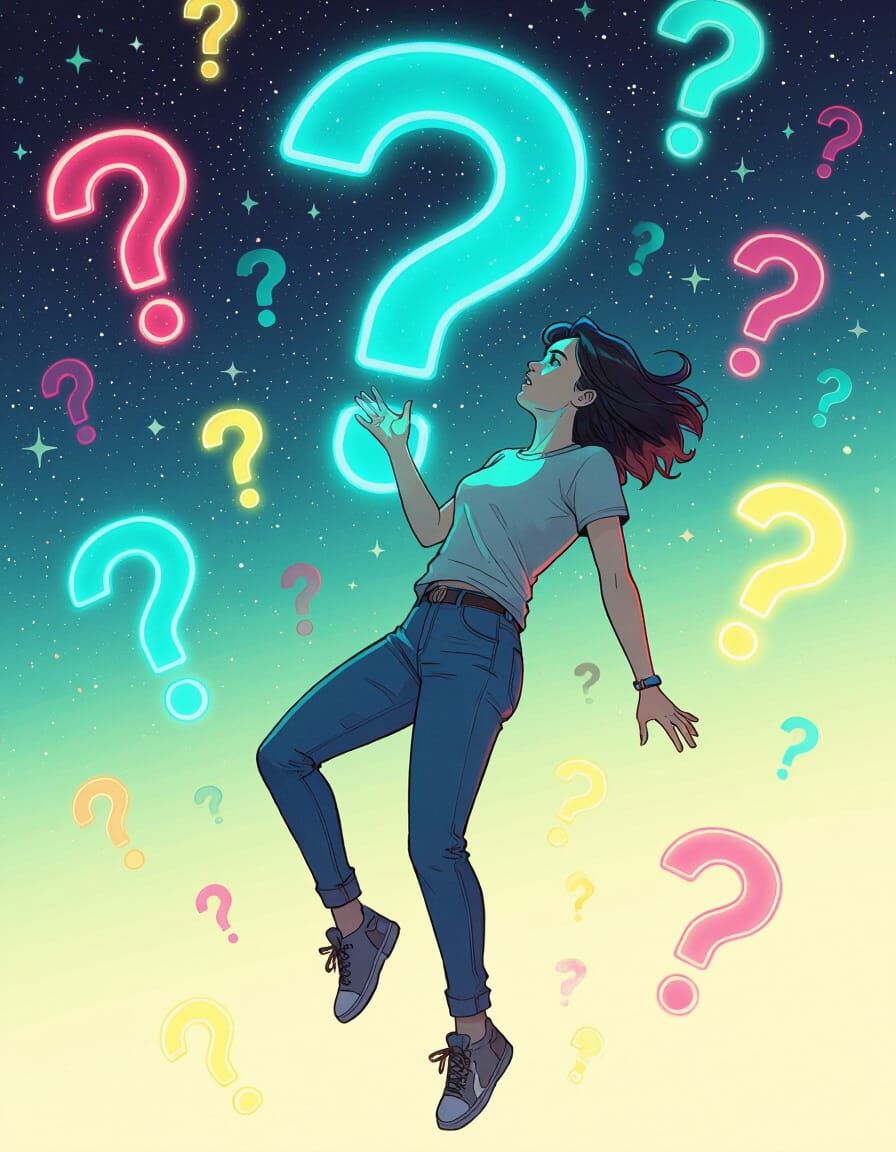 Woman Reaching for Question Mark in Neon Space