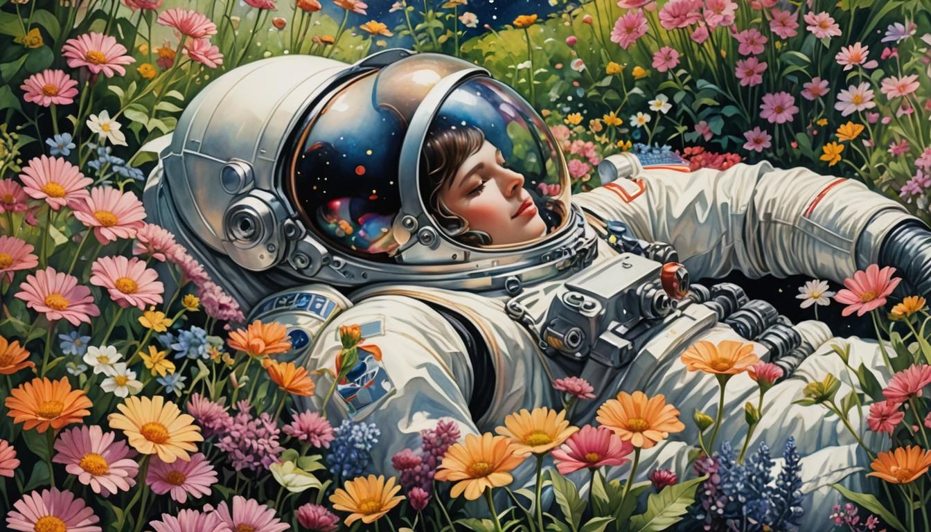 Astronaut in Alien Flower Garden: Vintage Watercolor