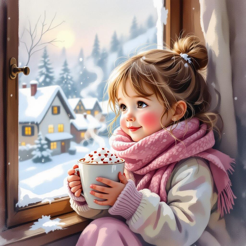 Cozy Girl by Window Overlooking Snowy Village