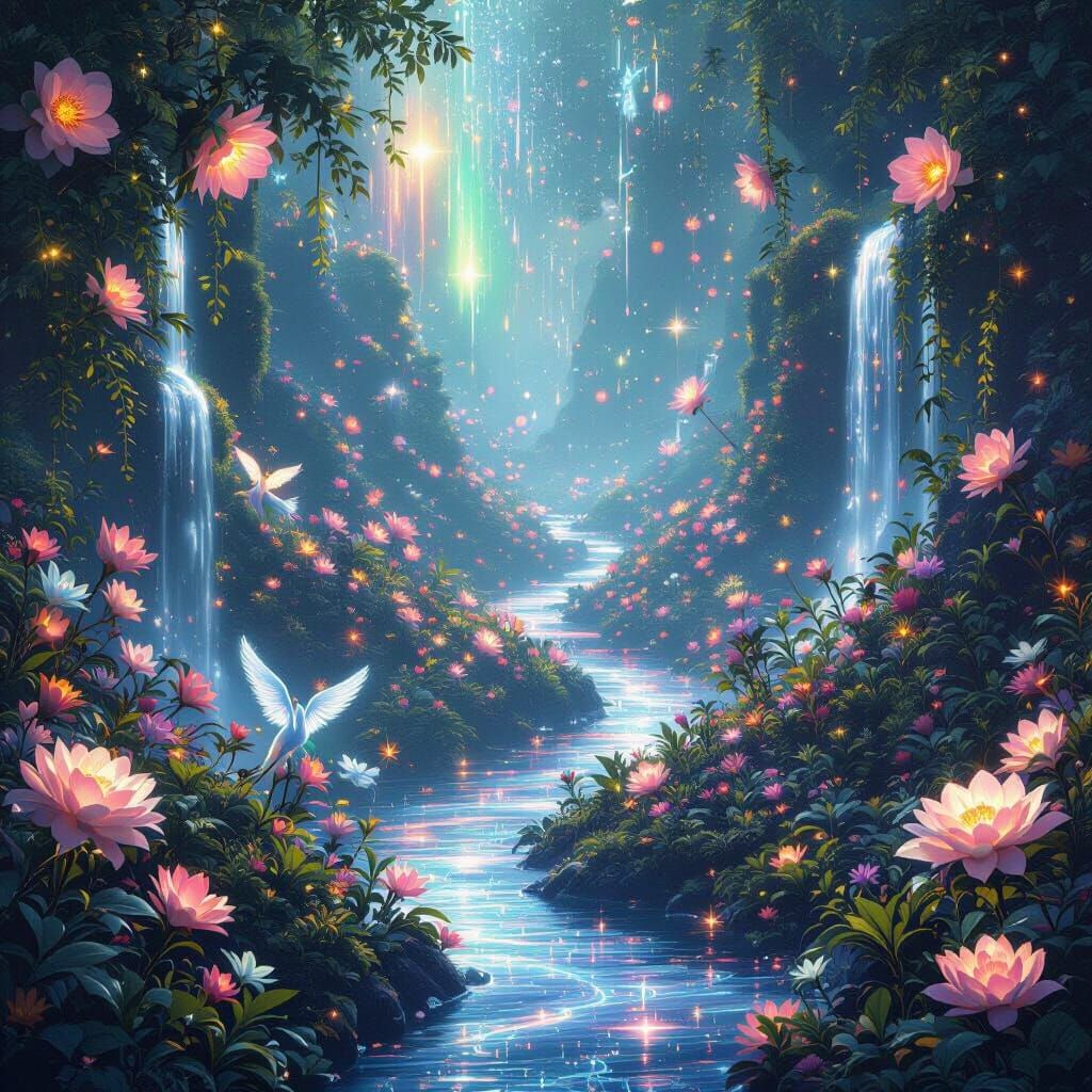 Celestial Garden in Space with Stardust Pathways