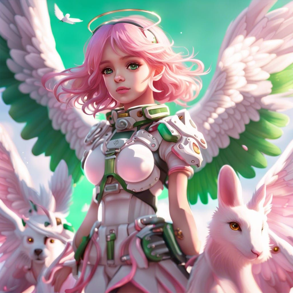 Anime Angel Ascends to Heaven with Animal Friends