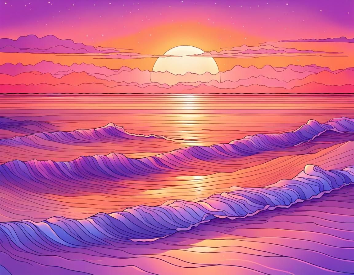 LINES art, the sunset, the ocean waves appeared to dance in the soft orange glow, the water shimmered and sparkled unde...