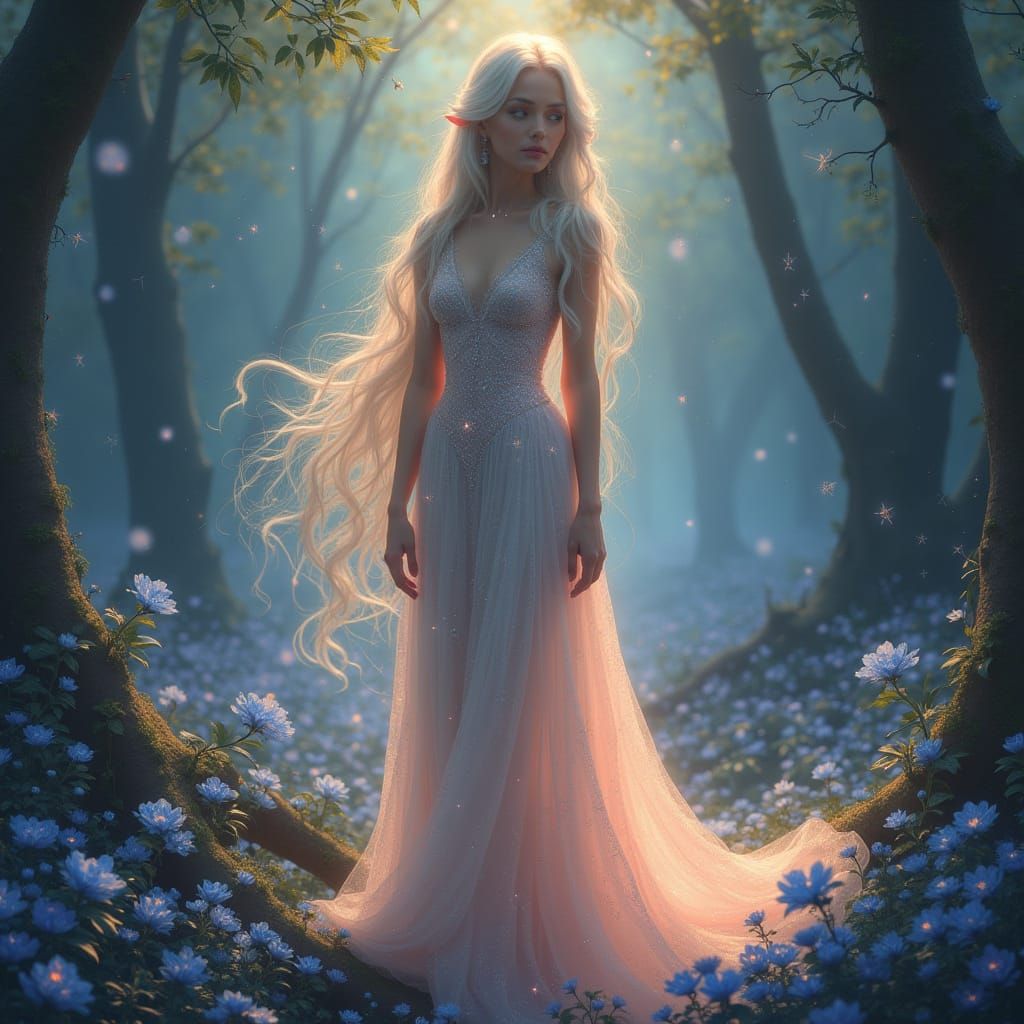 Serenely Standing Elf Queen in a Lush Forest Glade
