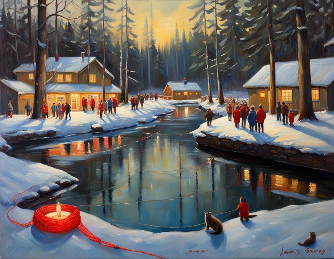 Indoor Birthday Party with Otter, Oil Painting