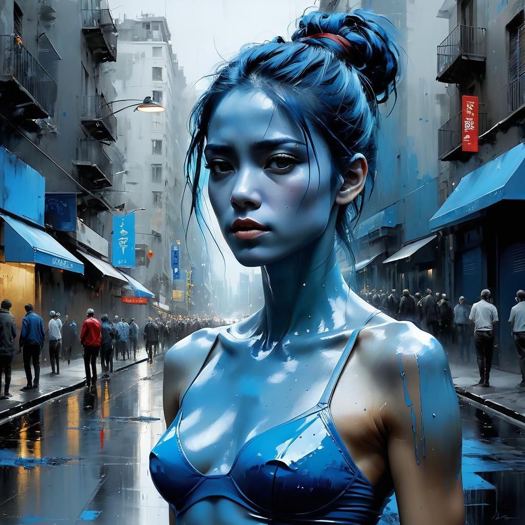 Blue Woman Performance Art in Anime Style