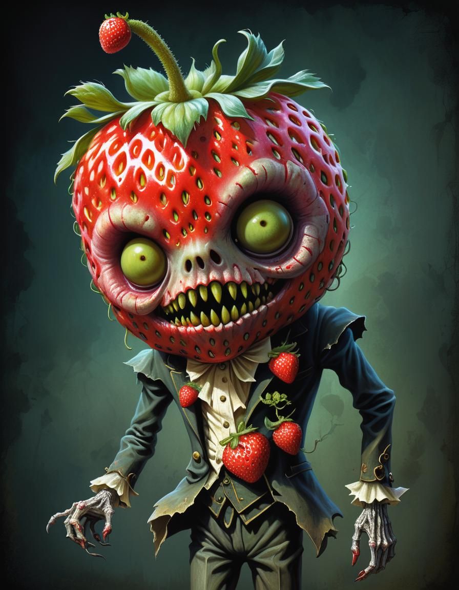 Scary Zombie Strawberry Fruit Portrait in Horrorpunk Style