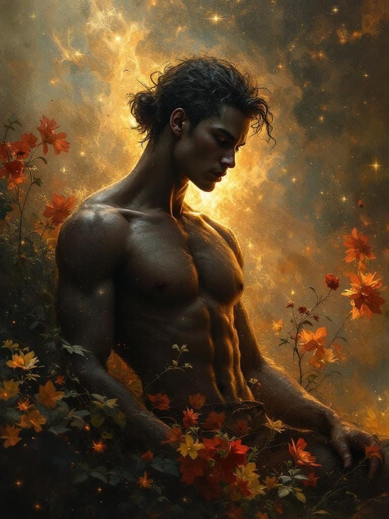 Maori Warrior in Alphonse Mucha Style Painting