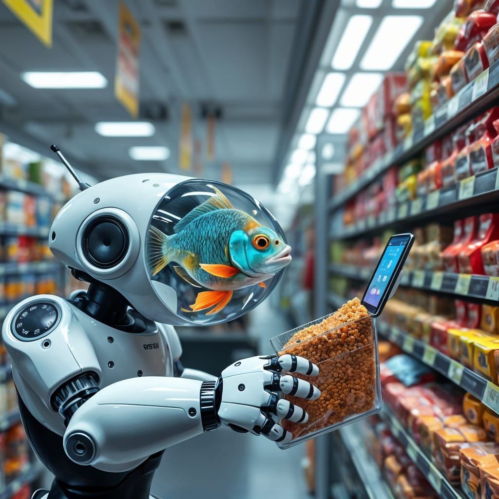Fish in Robotic Shell Buys Fish Food at Market