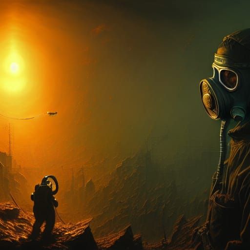 Vibrant Nuclear War Scene with Gas Mask