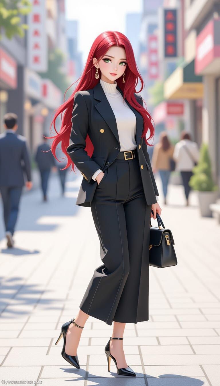 Shibuya Girl with Long Red Hair in Luxury Fashion